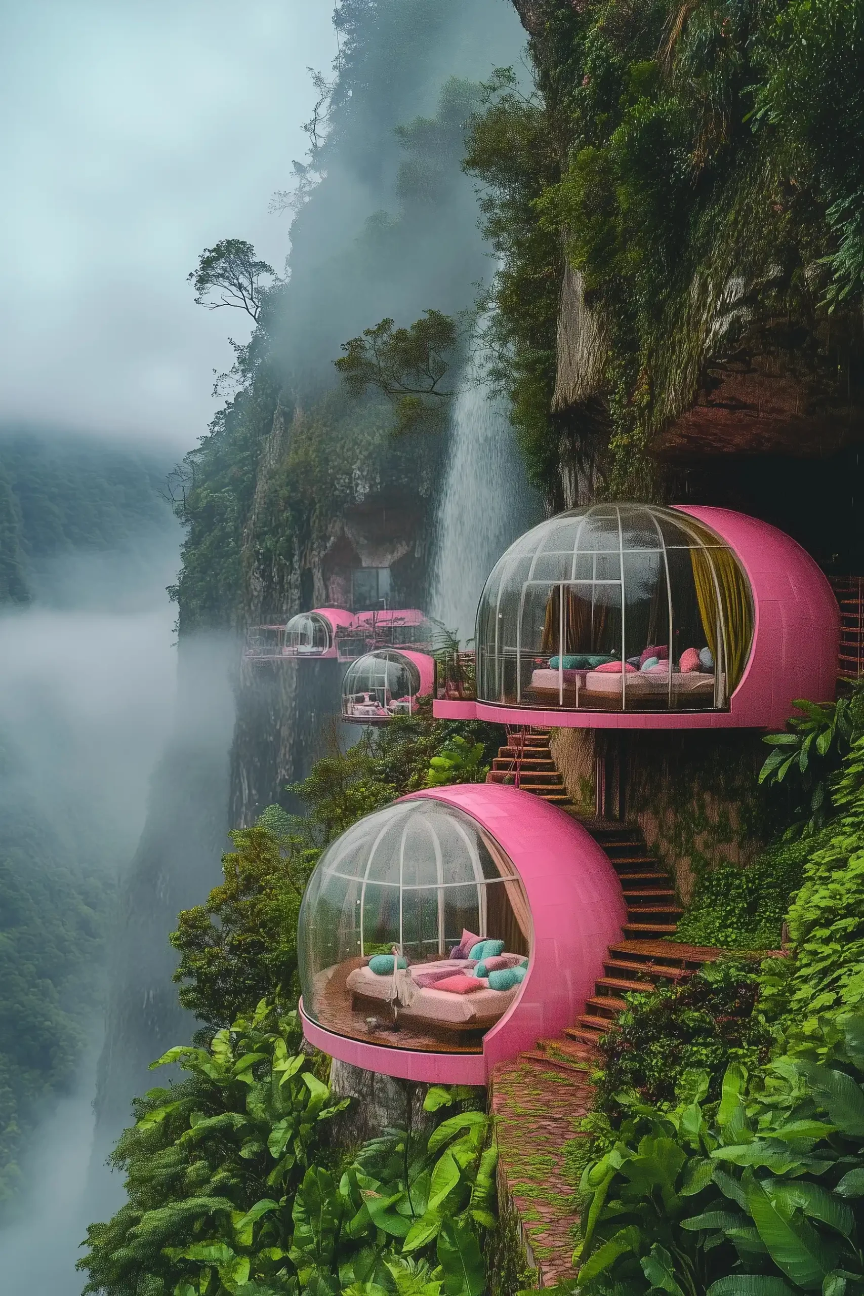 Misty Glass House Cliffside Midjourney 提示词生成效果