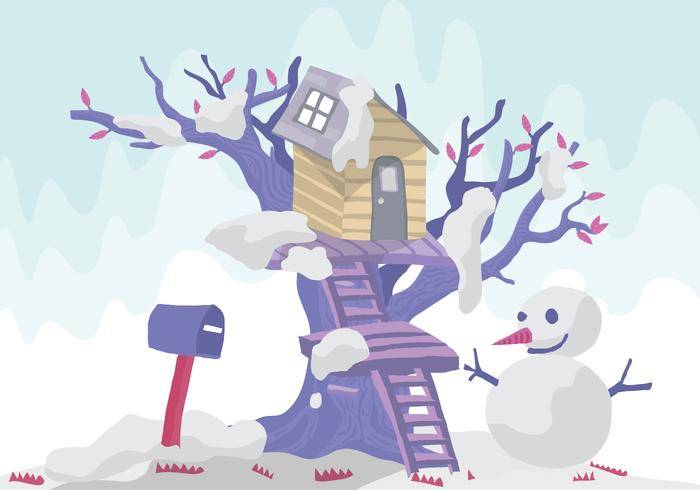 雪人树上小屋矢量图