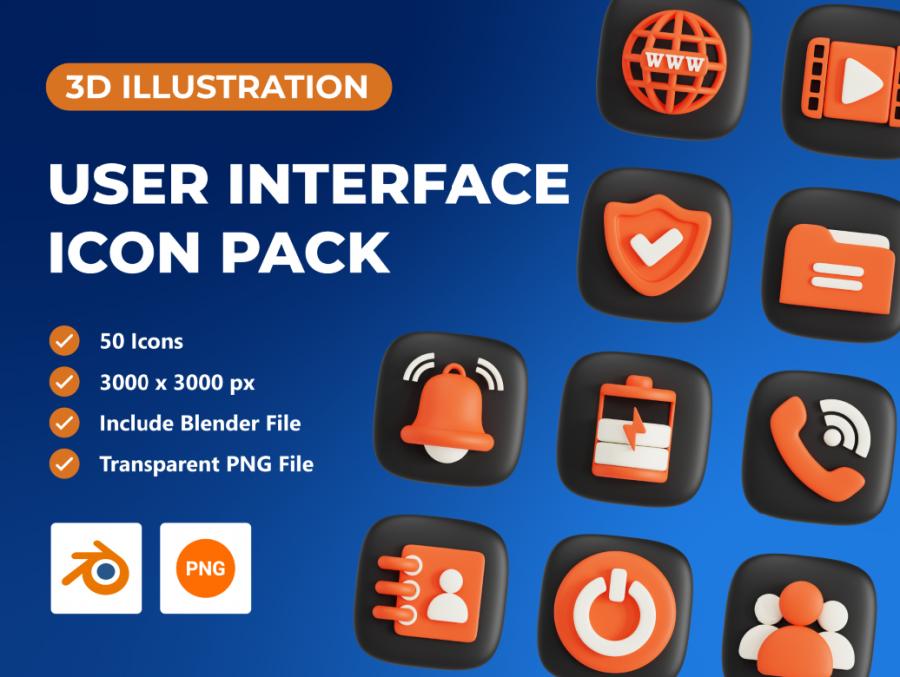 50个独特的3D图标User Interface 3D Icon Pack