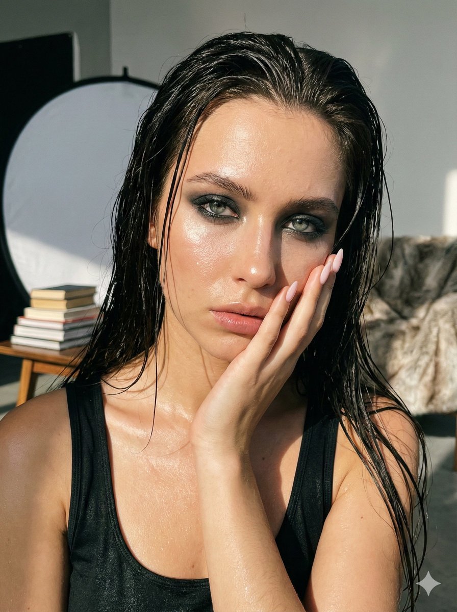 Intense Beauty Portrait: Wet Hair, Smoky Eyes & Glamorous Look Nano Banana提示词