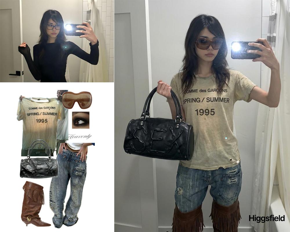 Retro Streetwear Fashion: CDG Tee, Distressed Jeans & Boots Nano Banana提示词
