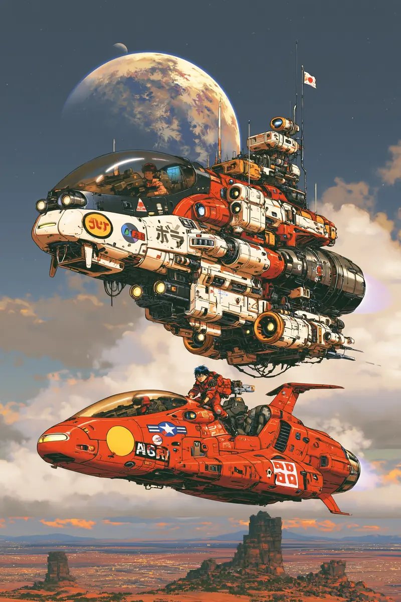 Retro Manga Red Spacecraft Midjourney提示词