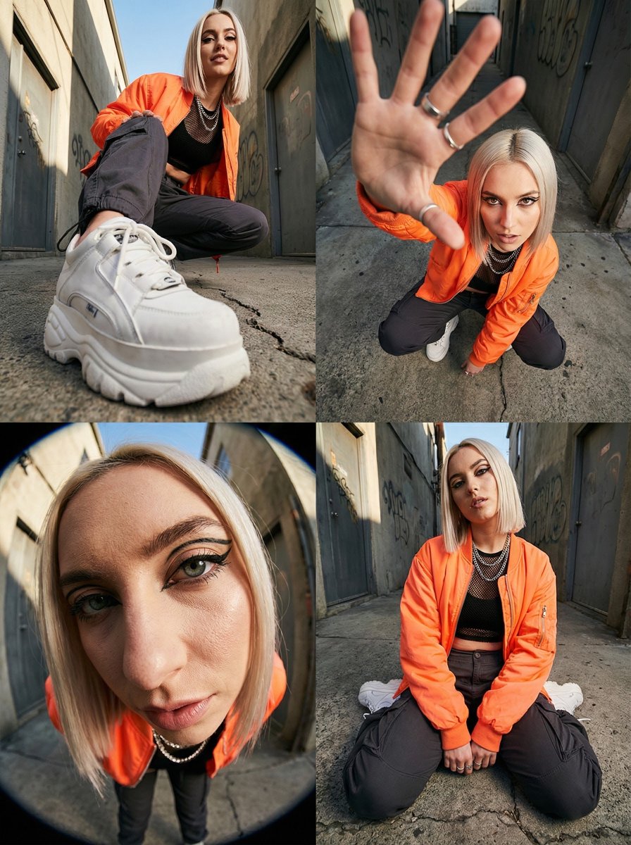 Streetwear Fashion: Blonde Woman in Orange Jacket & Platforms Nano Banana提示词