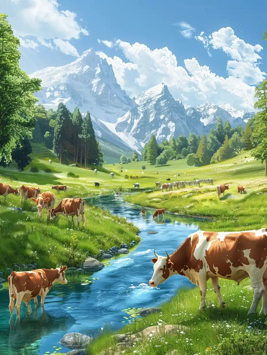 Realistic Cattle Grazing Midjourney提示词