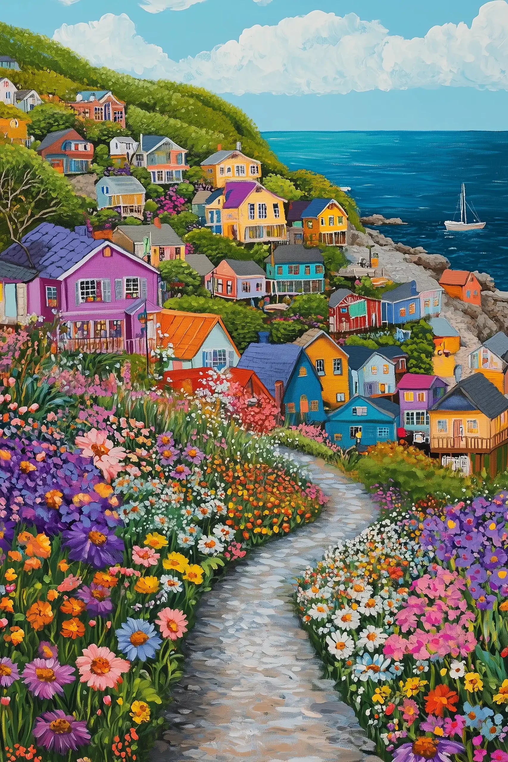 Colorful Coastal Village Acrylic Midjourney提示词