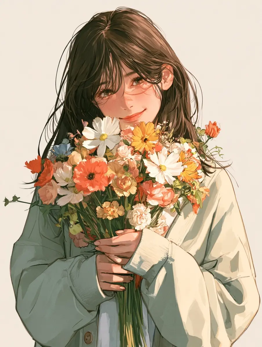 Anime Woman With Flowers Midjourney提示词