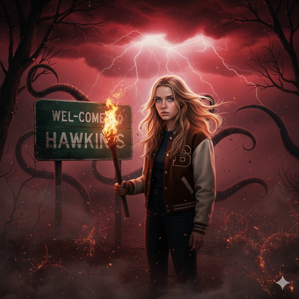 Cinematic Fantasy Art: Woman with Torch at Hawkins Sign Nano Banana提示词