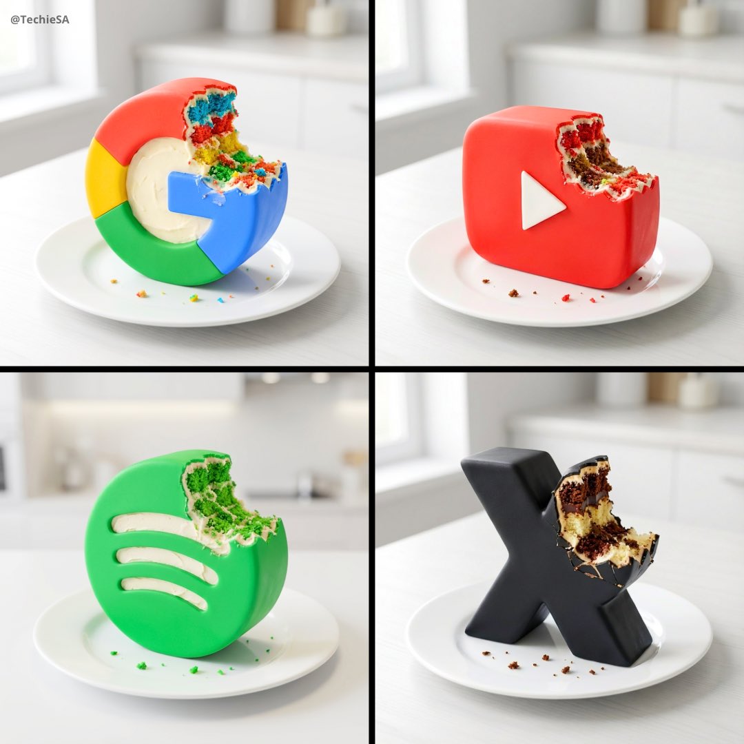 Bitten Tech Logo Cakes: Google, YouTube, Spotify, X Desserts Nano Banana提示词
