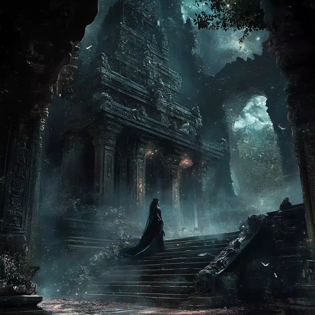 Mysterious Woman in Fantasy Temple Midjourney提示词