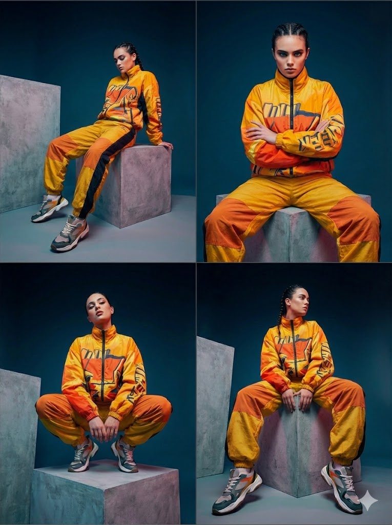 Woman in Orange Tracksuit: Modern Studio Fashion Shoot Nano Banana提示词