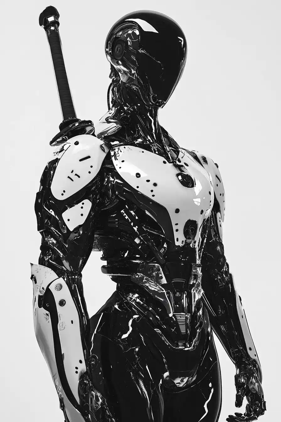 Cyborg in Metallic Armor Midjourney提示词