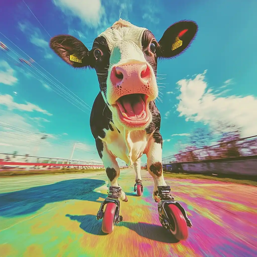 Colorful Cow on Rollerblades Midjourney提示词