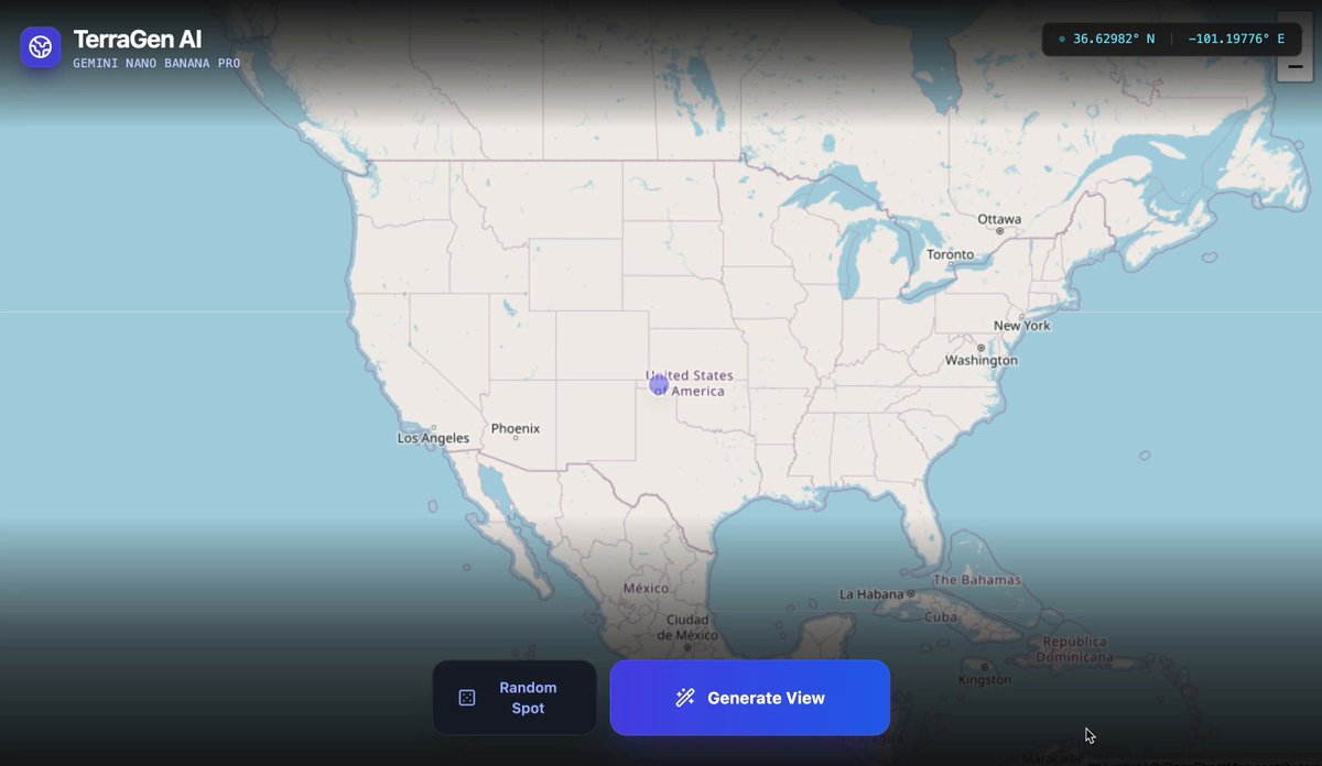 TerraGen AI Map: Interactive North America Geographical Tool Nano Banana提示词