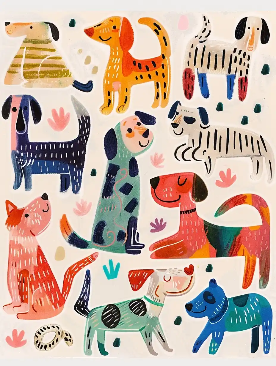 Watercolor Dog Stickers Midjourney提示词