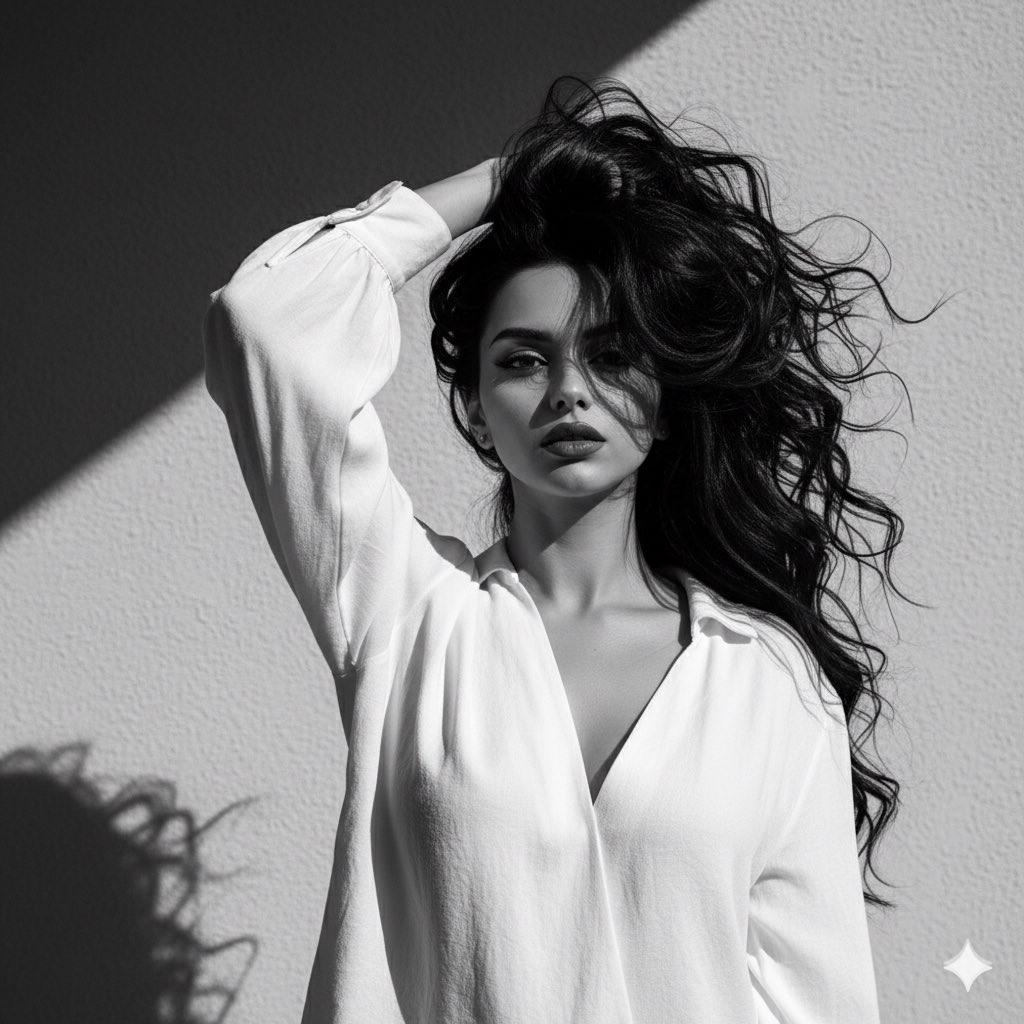 Dramatic Black and White Portrait of Woman with Long Hair Nano Banana提示词