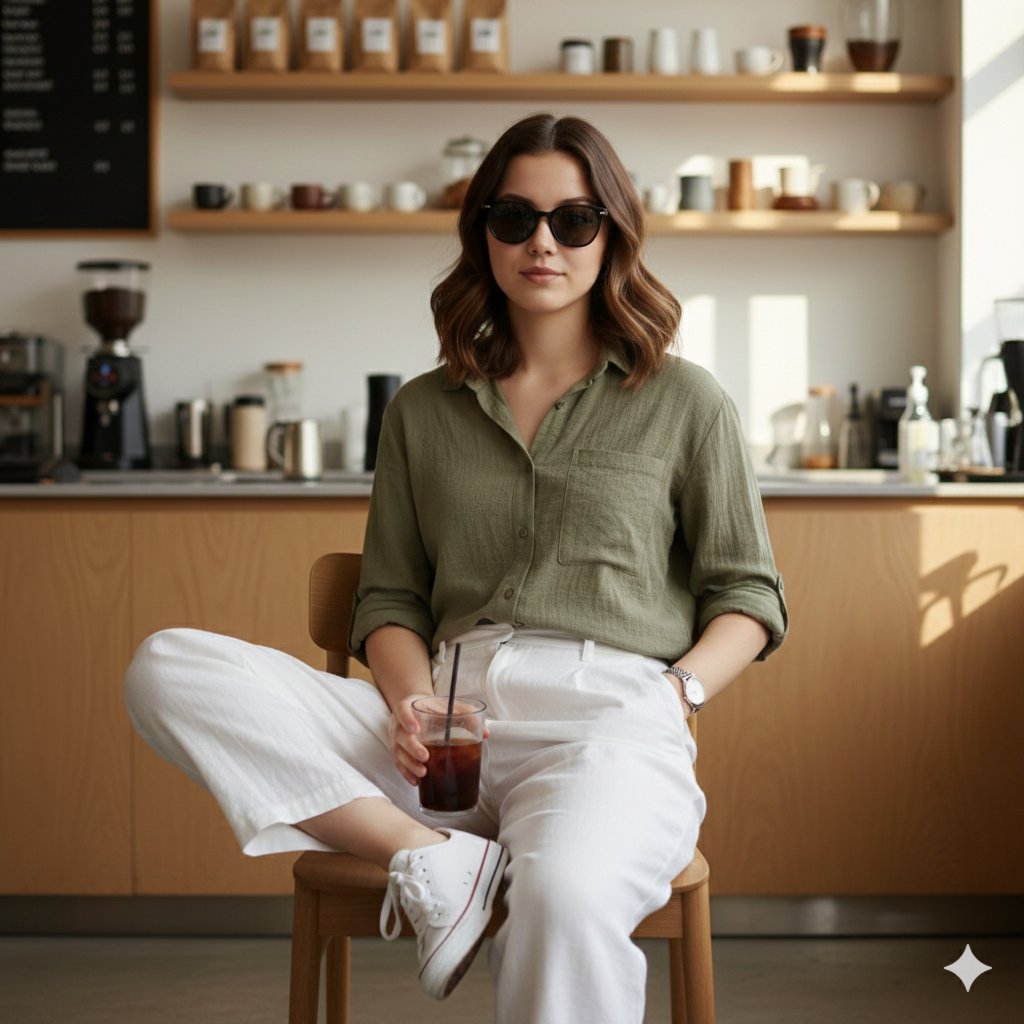 Stylish Woman in Cafe with Iced Coffee & Casual Fashion Nano Banana提示词