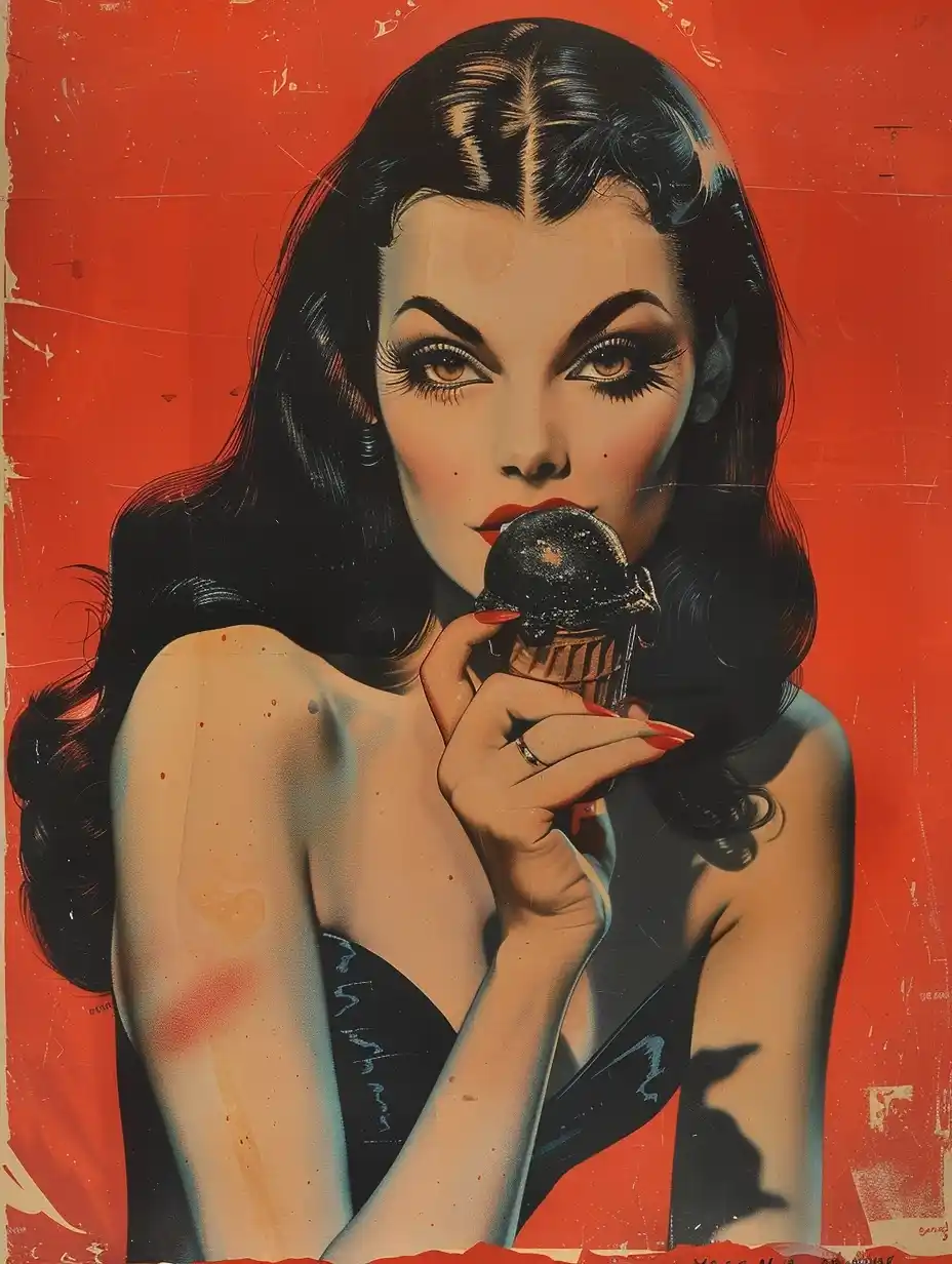 1950s Technicolor Vampira Eating Ice Cream Midjourney提示词