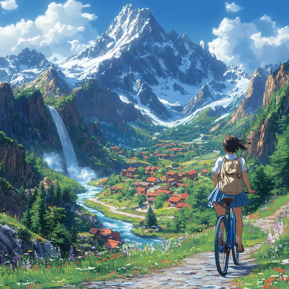 Ghibli Girl Biking Mountains Midjourney提示词