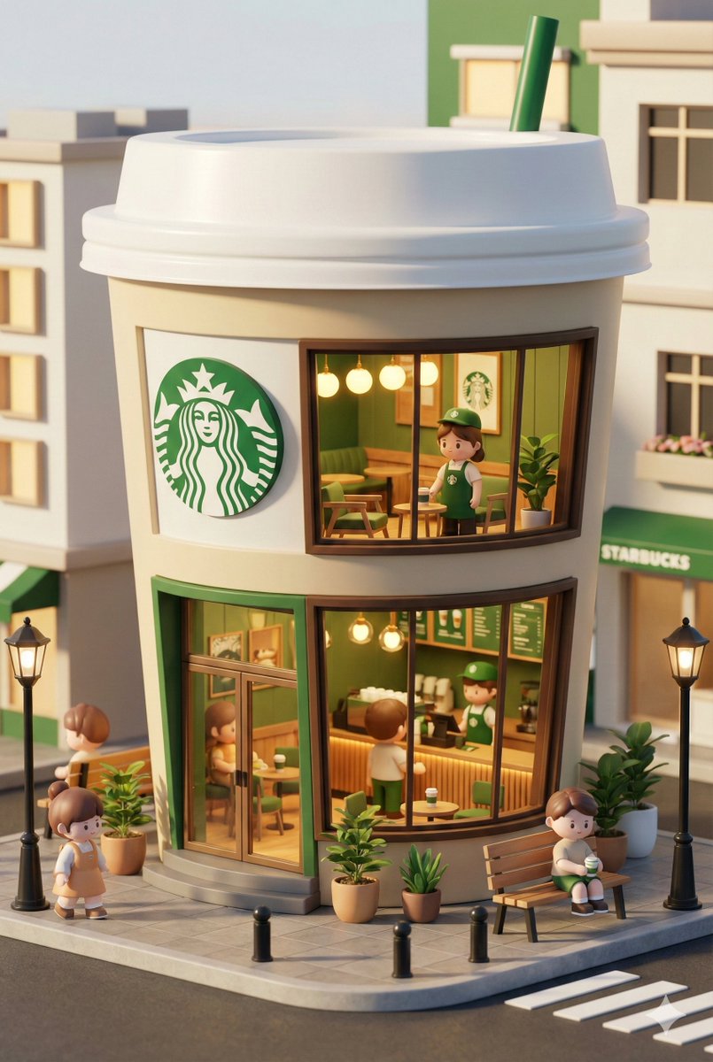 3D Render: Whimsical Miniature Starbucks Coffee Shop Scene Nano Banana提示词