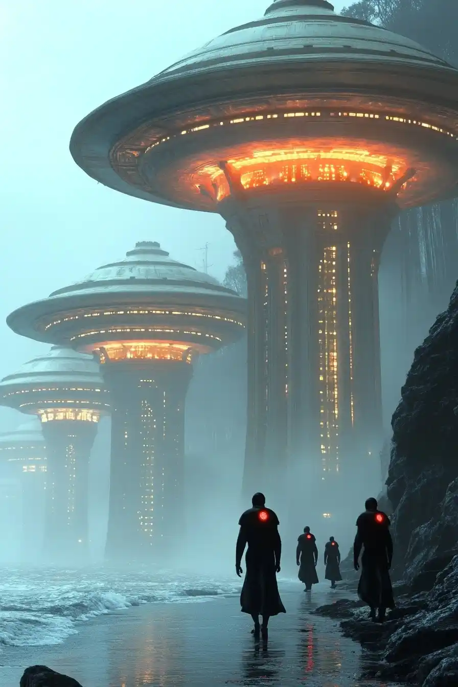 Futuristic UFOs Over Ocean Midjourney提示词