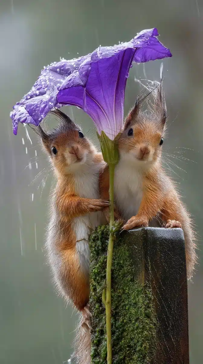 Squirrels Sheltering Under Morning Glory Midjourney提示词