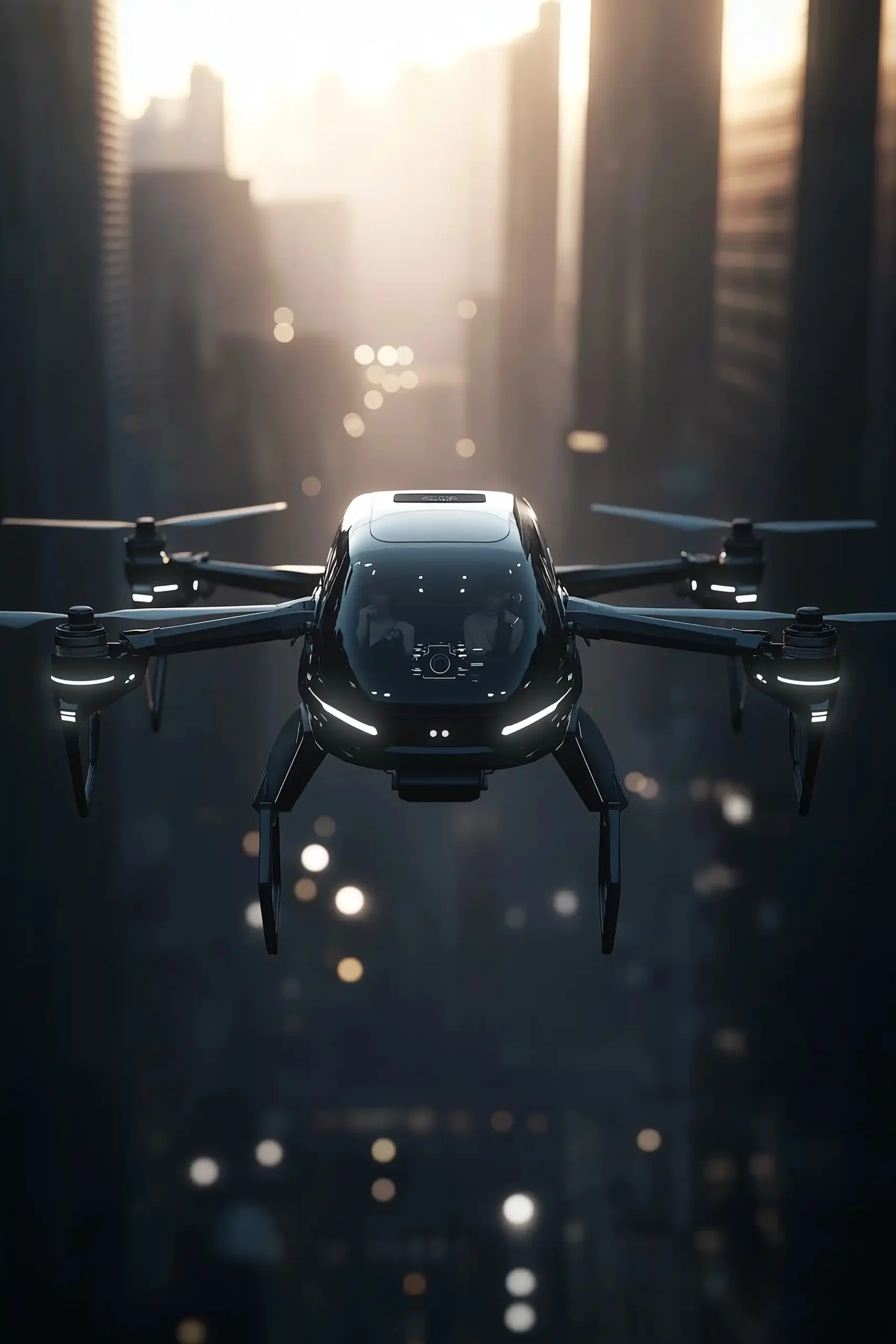 Humanized Drone in Urban Dawn Midjourney提示词