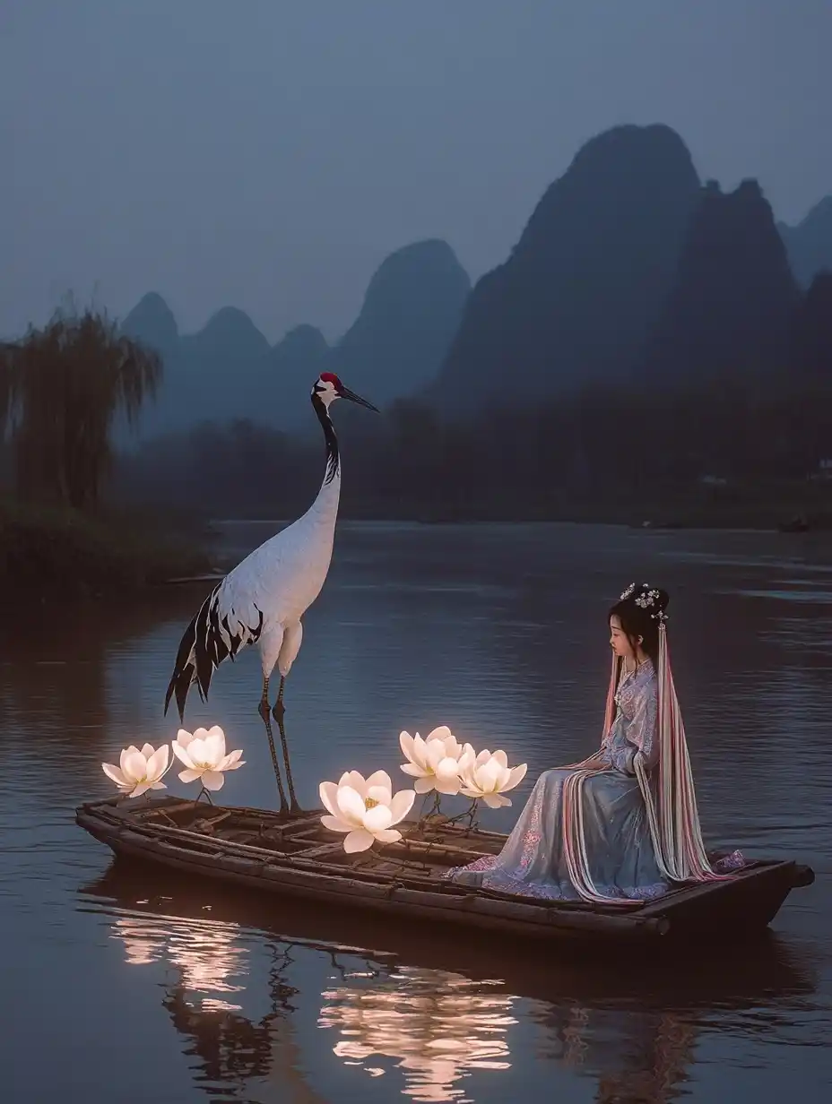 Lo-Fi Crane on River Midjourney提示词