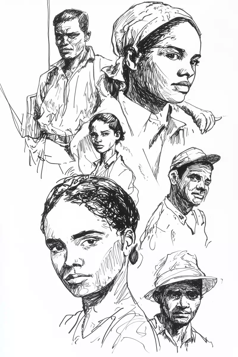 Cuban Refugees Pen Sketches Midjourney提示词