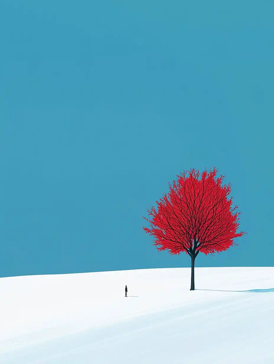 Minimalist Red Tree Scene Midjourney提示词