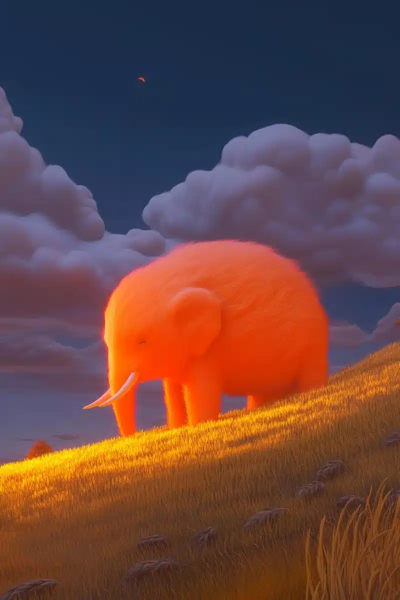 3D Orange Elephant in Wheat Field Midjourney提示词