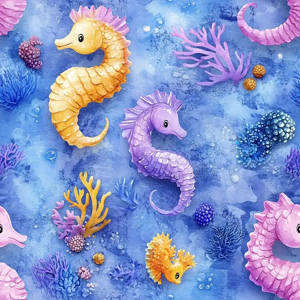 3D Cartoon Seahorses and Coral Midjourney提示词