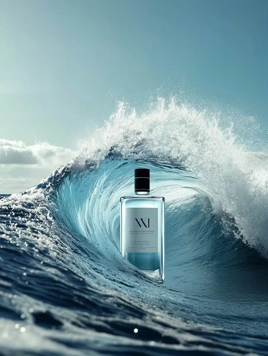 Surreal Wave with Gin Bottle Midjourney提示词
