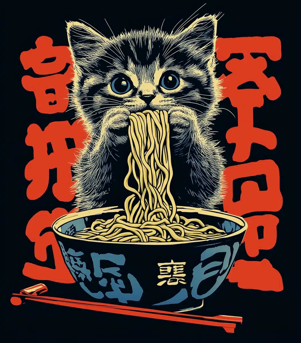 Silkscreen Kitten with Ramen Midjourney提示词