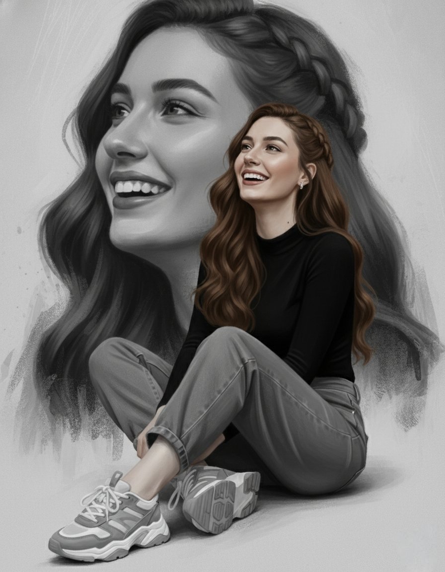 Joyful Young Woman Digital Painting - Cheerful Portrait Nano Banana提示词