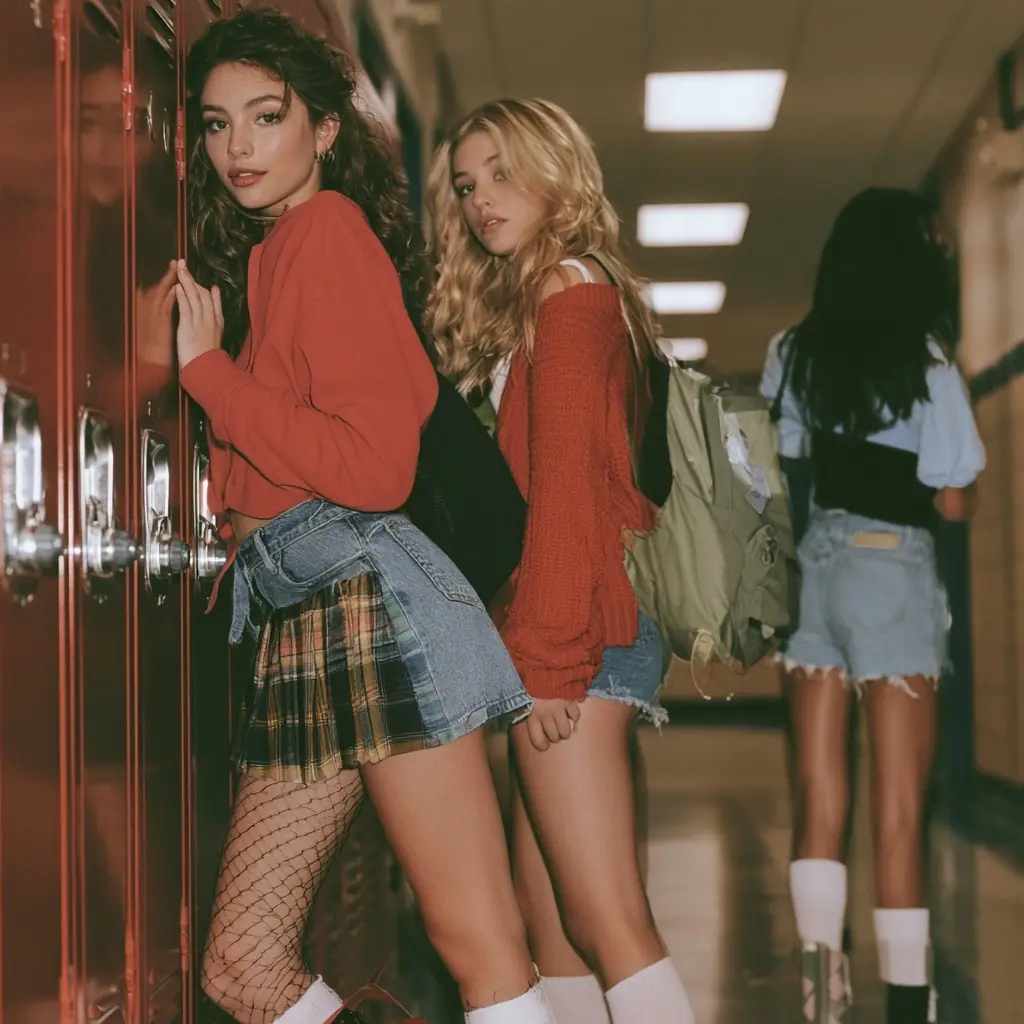 School Corridor Girls Group Midjourney提示词