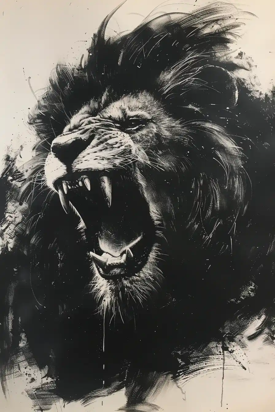 Monochrome Lion Drawing Midjourney提示词