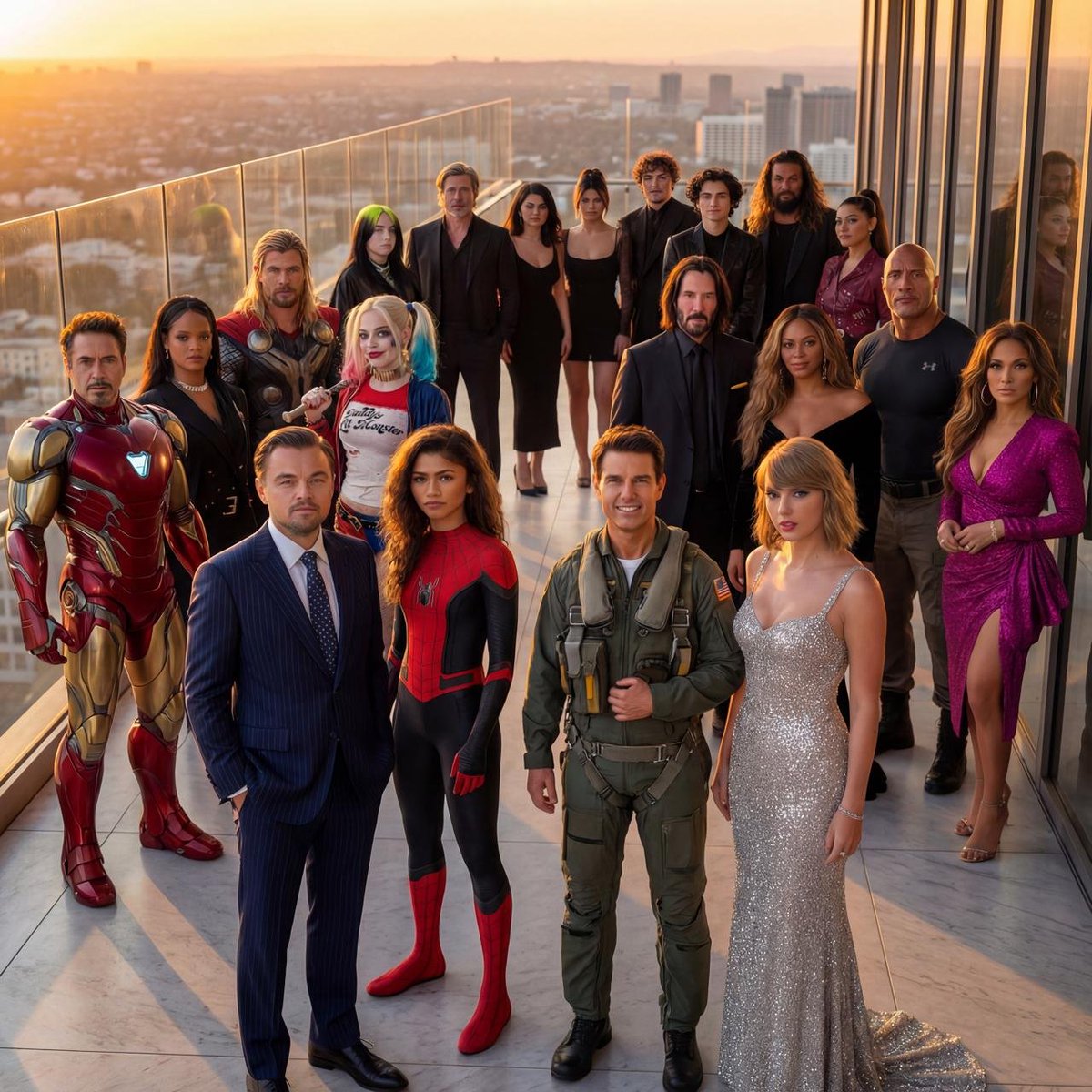 Glamorous Celebrity Group Photo on Rooftop at Golden Hour Nano Banana提示词