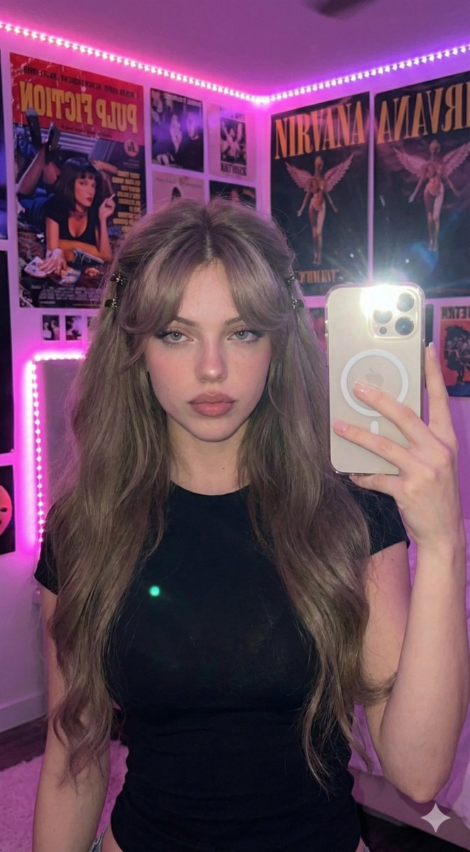 Young Woman Mirror Selfie in Pink Neon Aesthetic Room Nano Banana提示词
