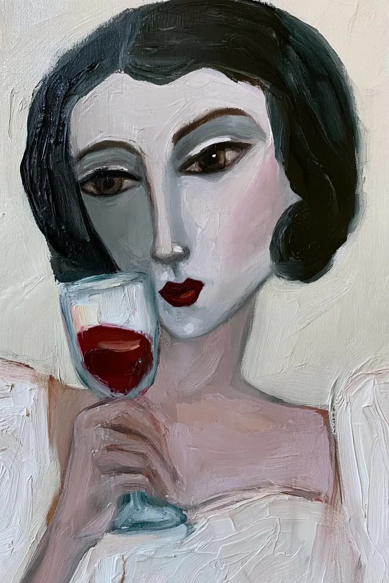 Impasto Woman With Wine Midjourney提示词