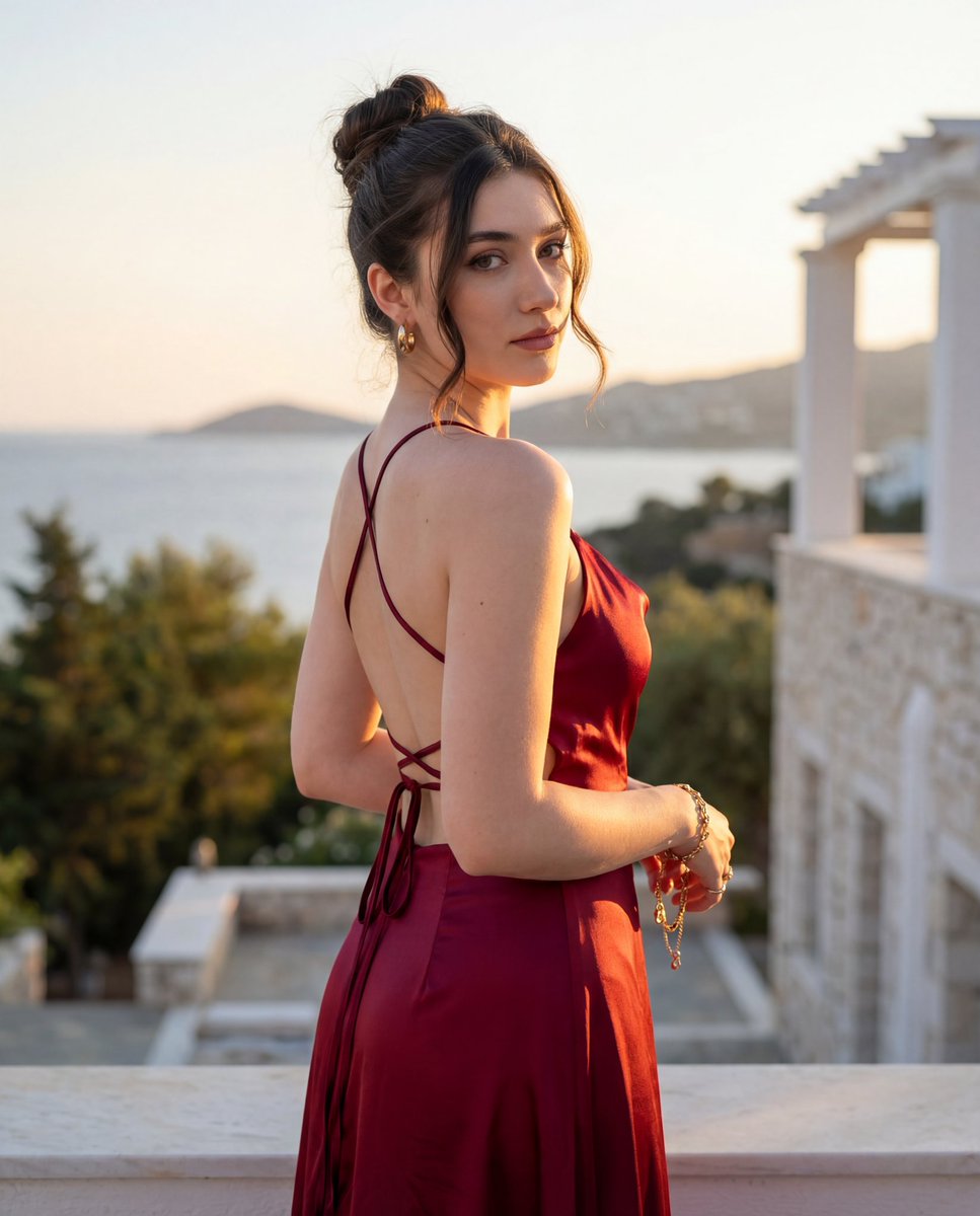 Elegant Backless Dress Portrait at Sunset | Golden Hour Fashion Nano Banana提示词