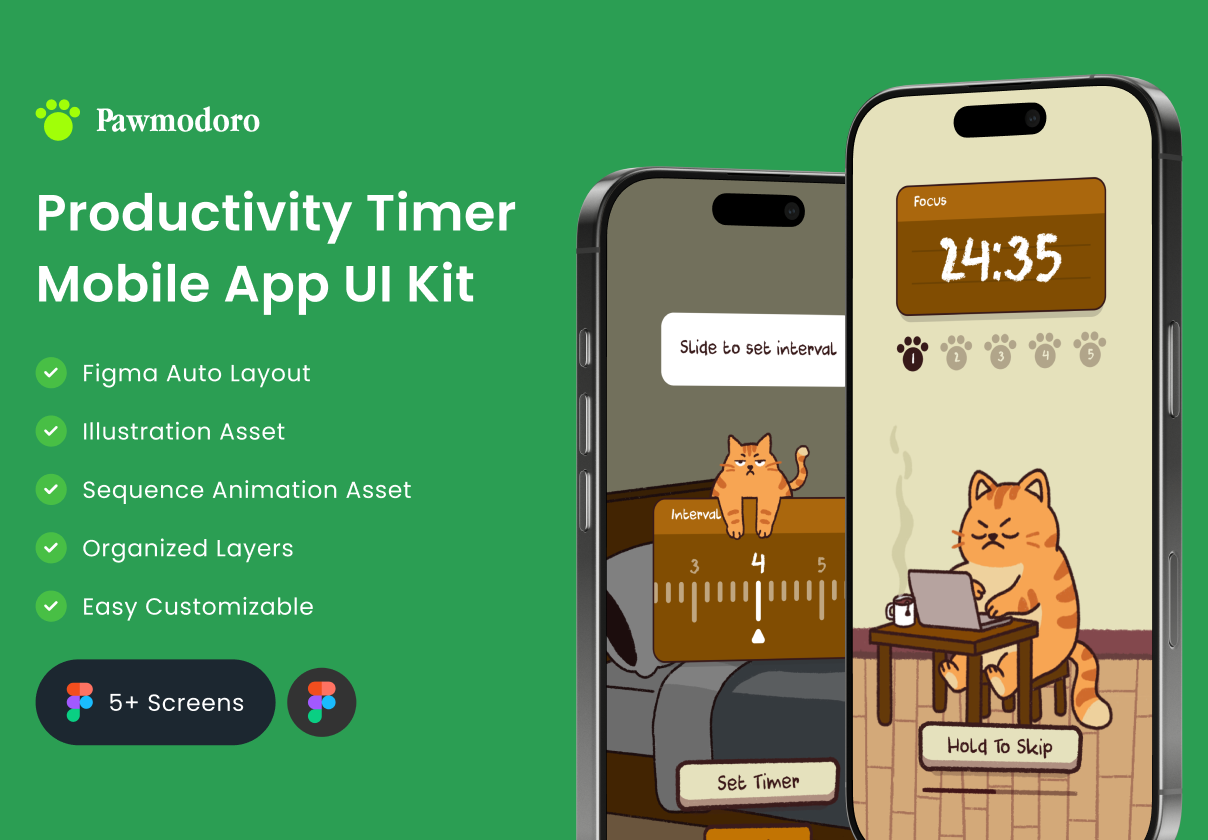 番茄钟效率App UI套件（Pawmodoro），Pawmodoro - Productivity Timer Mobile App UI Kit