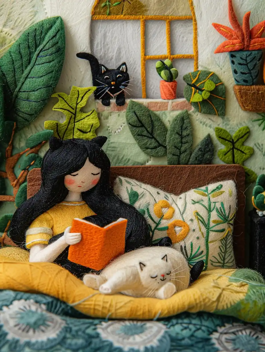 Felt Girl with Cats Midjourney提示词