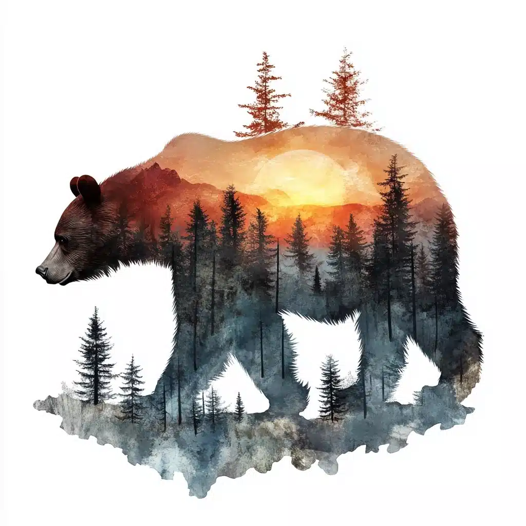 Bear Forest Sunset Double Exposure Midjourney提示词