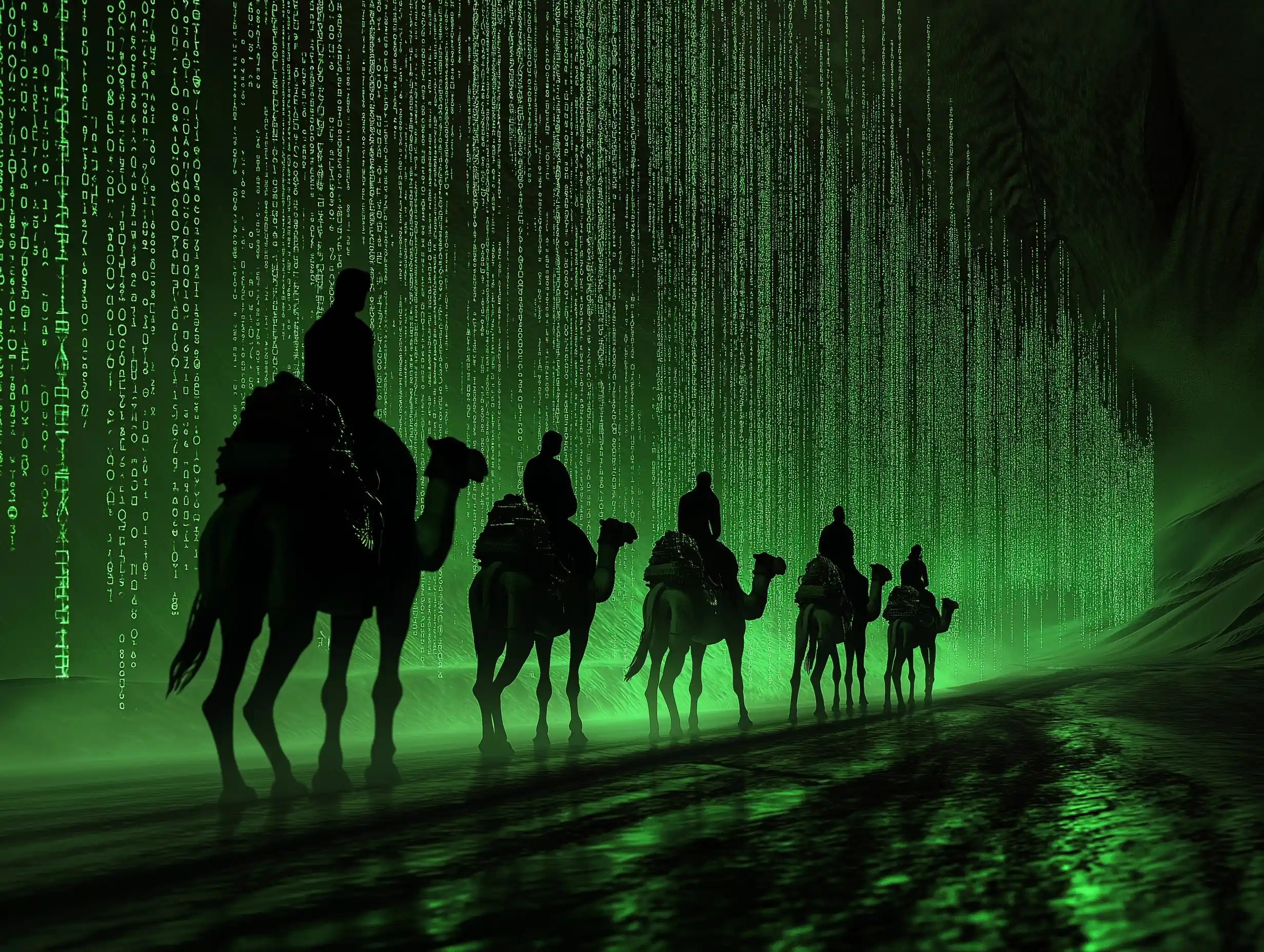 Matrix Camels in Desert Midjourney提示词