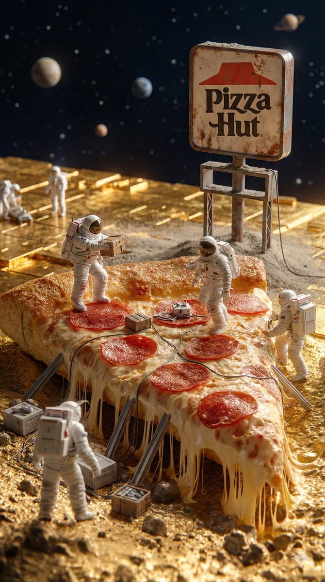 Miniature Astronauts on Pizza Slice in Space | 3D Render Nano Banana提示词