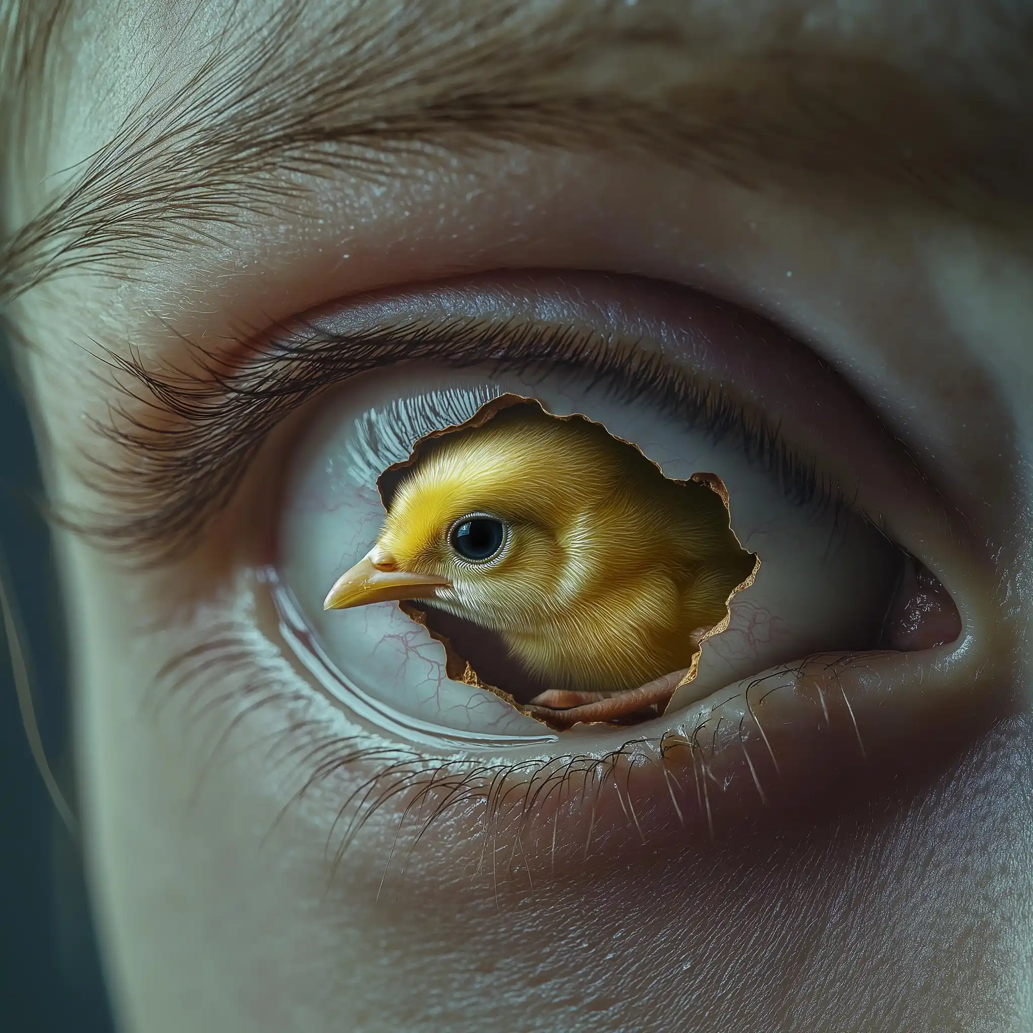 Chick Emerging from Eye Midjourney提示词