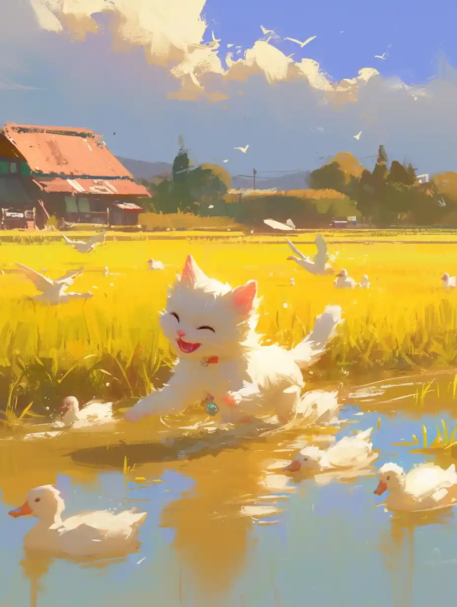 Impressionist Kitten Chasing Ducks Midjourney提示词
