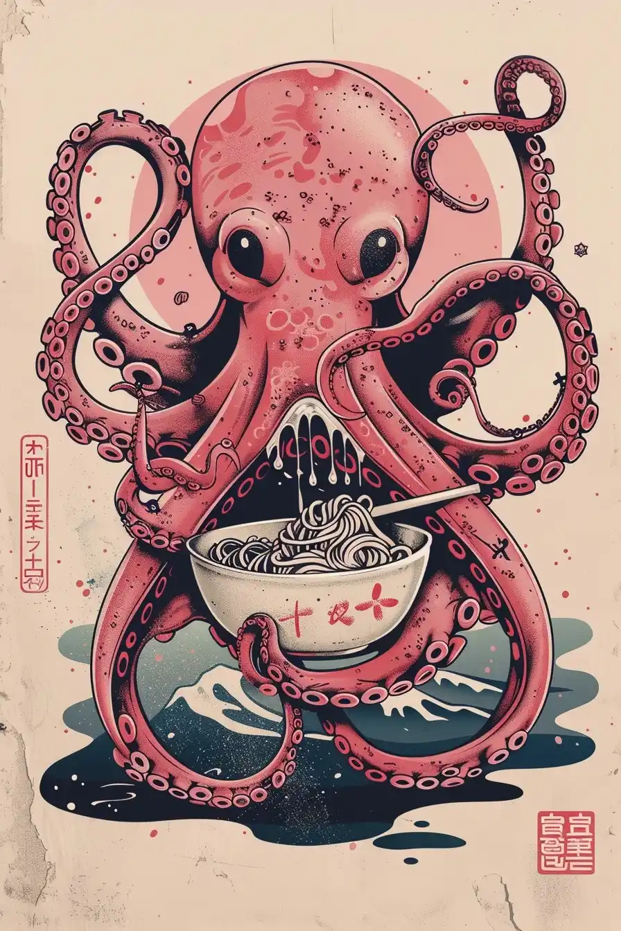 Vector Octopus Ramen Bowl Midjourney提示词