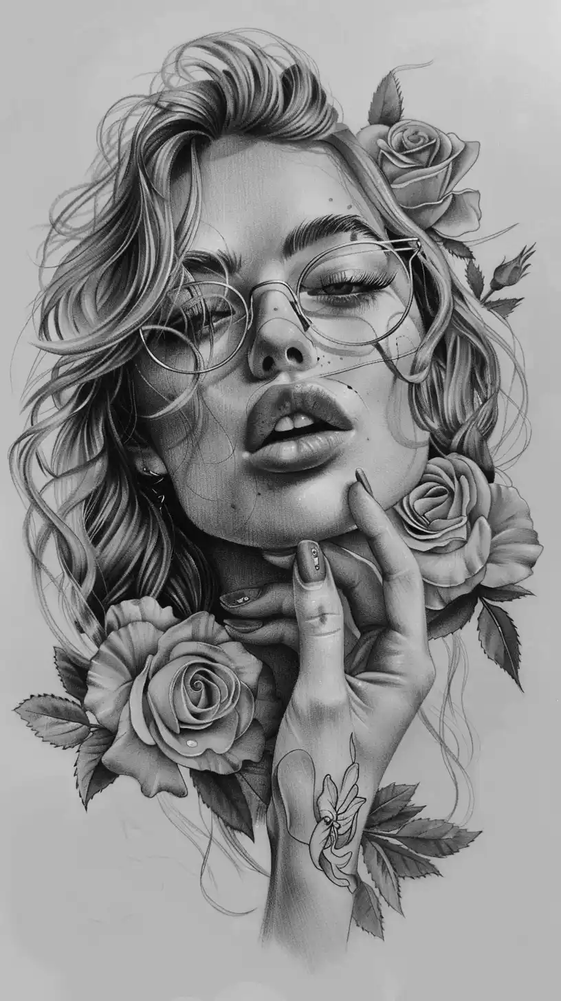 Monochrome Lady with Glasses Midjourney提示词