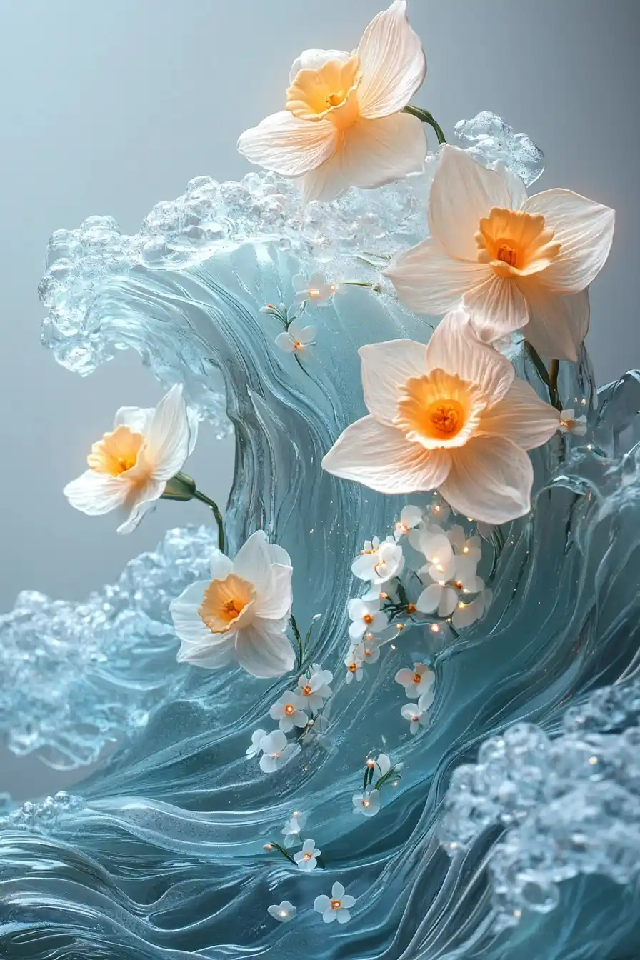 3D Aquamarine Waves and Daffodils Midjourney提示词